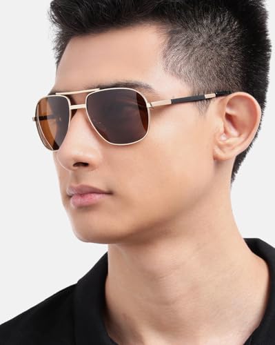 Carlton London Gold with Black Toned Brown Polarised Lens Foldover Rectangle Sunglass for mens