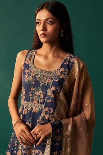 Wishful Women's Navy Blue Floral Printed Beaded Anarkali Modal Satin Kurta with Culottes and Dupatta Set (SP12626-125810-L)