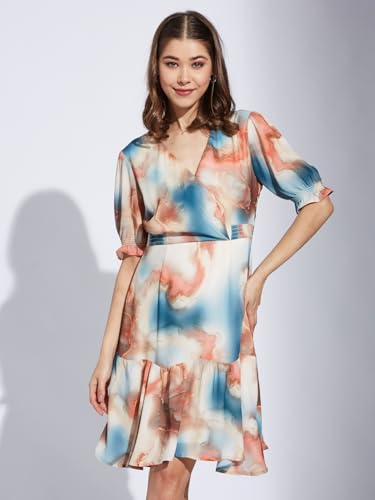 Latin Quarters Women Orange V-Neck Half Sleeve Printed A-Line Dress_M