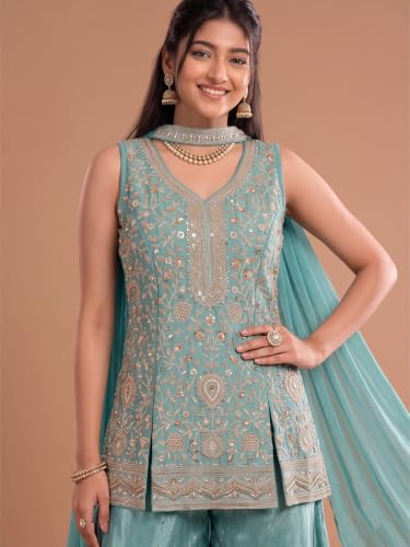 Varanga Women Sea Blue A Line Kurta Palazzos Set V Neck Sleeveless Chinon