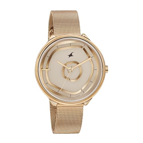 Fastrack Stunners Quartz Analog Beige Dial Rose Gold Stainless Steel Strap Watch for Girls - NT6303WM01