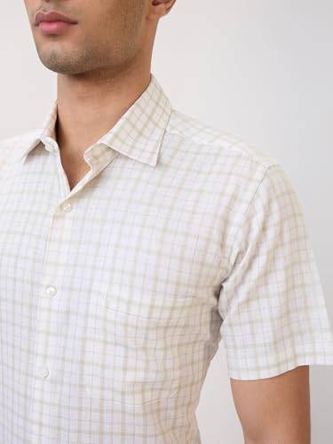 Raymond Men Regular Fit Checks Pattern Linen Blend Semicutaway Collar Half Sleeve Formal Shirt (Size: 42)-RMSY13522-F2 Yellow