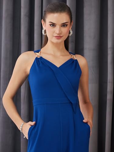 Miss Chase Womens V-Neck Sleeveless Solid Wrap/Straight Leg Regular Jumpsuit (MCAW19D08-48-229-03, Royal Blue, S)