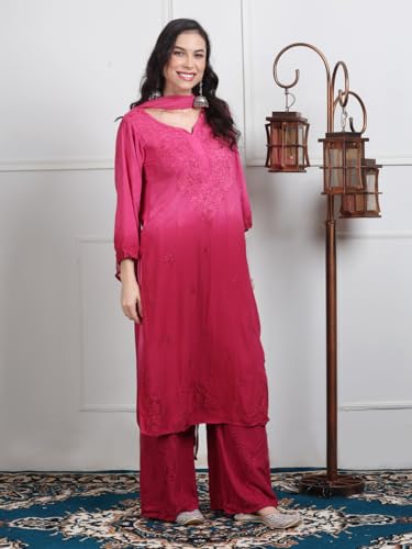 Fashion Chikan Art Women's Lucknowi Chikankari Hand-Embroidered Rayon Dyed Kurta, Palazzo & Dupatta 3-Piece Set | Festive, Ethnic & Causal Suit(XL, Pink)