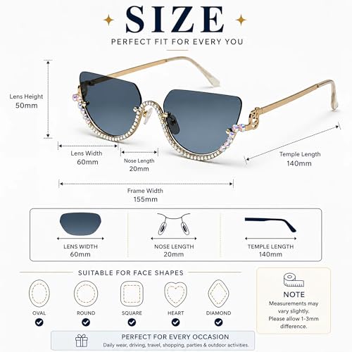 Luxury Rimless Cat Eye Sunglasses for Women | Premium UV Protected Fashion Sunglasses | Stylish Lightweight Designer Shades for Driving, Travel, Beach & Outdoor Wear (Black)