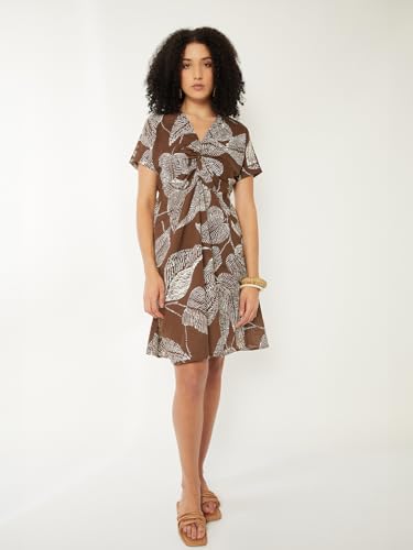 Max Women Printed Twist Detail Dress(Brown_XL)