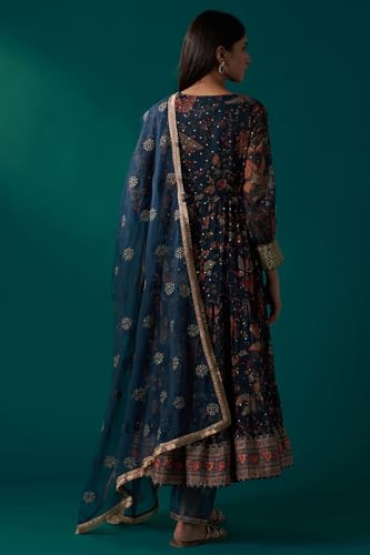 Wishful Women's Teal Floral Printed Metallic Embroidery Anarkali Kurta with Parallel Pants and Dupatta Set (SP12625-125648-M)