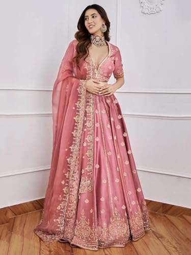 Zeel Clothing Women's Art Silk Semi-Stitched Sequins Dori Embroidered Lehenga Choli with Dupatta (7091-Pink-s-Lehenga-Choli-Latest; Free Size) (Pink)