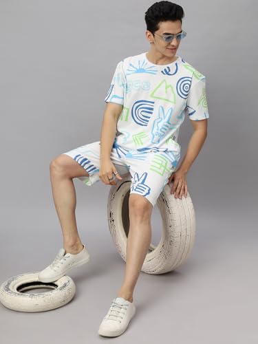 Wear Your Opinion Mens All Over Printed T-Shirt & Short Co-Ord Set (Peace Lifestyle, White, Large)