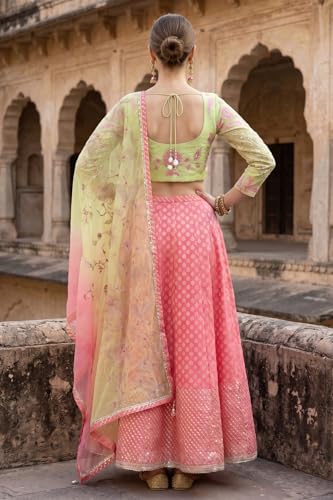 Wishful Women's Pink Mirror Work Embroidered Blouse with Skirt and Dupatta Set - (SP13598-225017-XL)