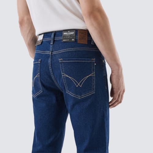 Red Chief Men’s Indigo Blue Narrow Denim Jeans | Regular Casual Wear | Solid Twill Weave | Button Closure (O-8560161)