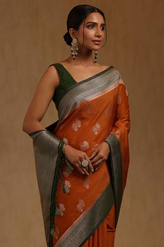 Soch Womens Rust Viscose Silk Floral Zari Woven Saree