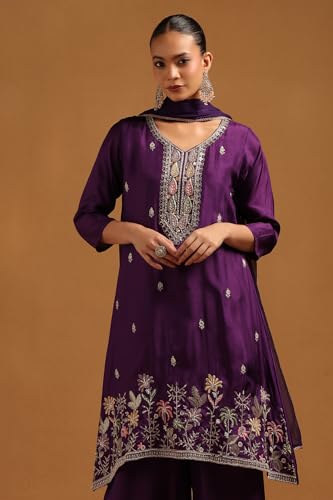 Soch Womens Purple Roman Silk Floral Salwar Suit With Cutdana
