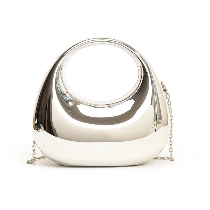 DOSYSO Women and Girls Moon Clutch Purse Acrylic Evening Handbag Crossbody Sling Bags With Detachable Chain Strap Glossy Stylish Latest Small Size Cute Wallet Party Wedding Gift Item (Glossy Silver)