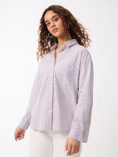 The Souled Store Citrus Bloom Women and Girls Full Sleeves Button Down Collar Light Blue Gingham Floral Embroidered Cotton Oversized Fit Lightweight Winter Shirt for Casual Wear