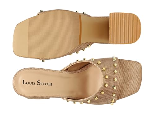 LOUIS STITCH Women’s Fashion Slip-On Block Heel Sandals | Open Toe Beige Stylish Mules Heel Sandal for Ladies, Fashionable and Comfortable Sandal (LSOF-LDBH-MUBD) (UK-3)