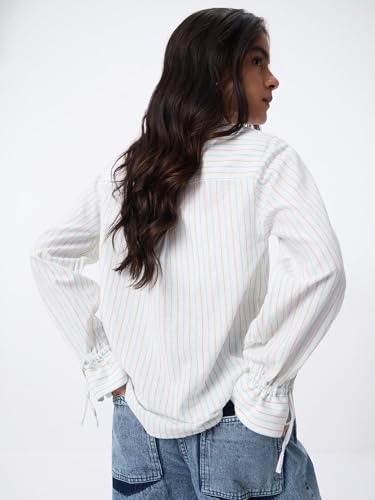 The Souled Store Cotton Linen: Prisma Women and Girls Full Sleeves Spread Collar White Striped Regular Fit Lightweight All-Season Cotton Linen Shirt