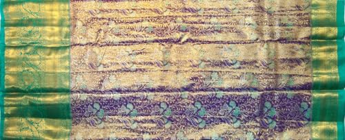 VFCollections Women's Traditional Handloom Kanchipuram Silk Pure Pattu Saree Purple & Teal Green Royal Wedding Border & Floral Butta With Rich Zari Woven Design | Bridal Saree | Unstitched Blouse