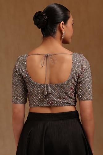 Soch Womens Grey Georgette Embroidered Padded Blouse with Faux Mirror