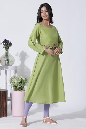 W for Woman Green Embroidered A-line Cotton Kurta and Tights Set_23FEWS18441-218446_2XL