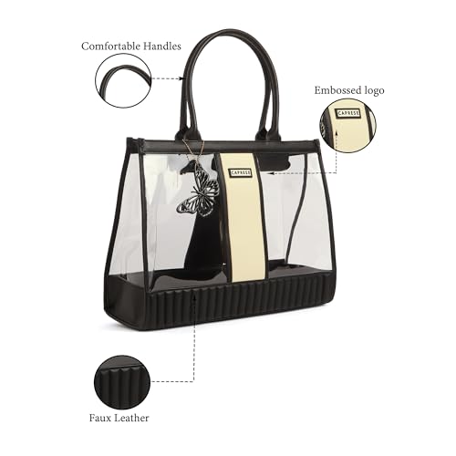 Caprese Madonna Laptop Tote Bag X-Large | Stylish Transparent Handbag with Butterfly Charm with Comfortable Handles & Secure Zip Closure | Shoulder Bag | Perfect for Office & Casual Use (Black)