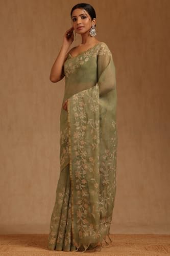 Soch Womens Light Olive Linen Floral Printed Saree With Zari