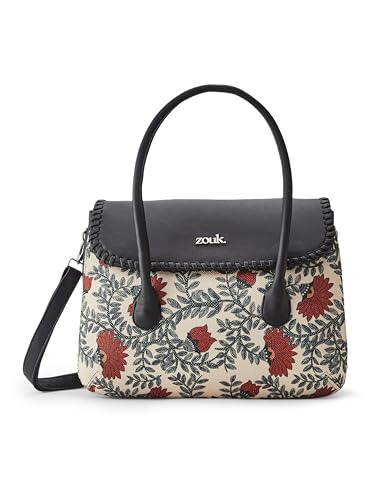 ZOUK Nawabi Cauture Floral Printed Jute Handcrafted Vegan Leather Red and Beige Women's Satchel Bag | Ladies Purse Handbag | Double Handle Detachable Strap
