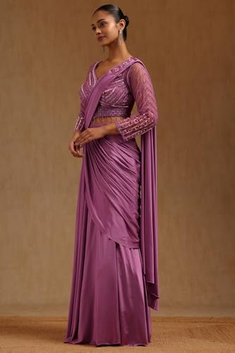 Soch Womens Onion Pink Spandex Solid Ready To Wear Saree
