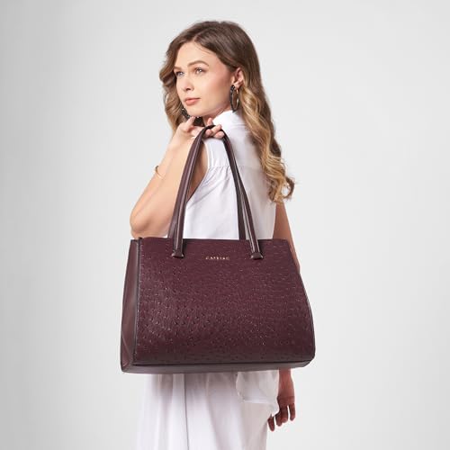 Caprese Britney Large 15.6 Laptop Compatible Tote Bag for Women | Animal Texture Faux Leather Shoulder Handbag | Spacious Office & Travel Bag | Dual Zipper & Magnetic Button Closure (Cherry Lacquer)