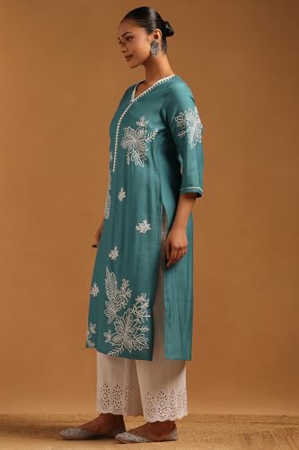 Soch Womens Teal Desert Storm Botanical Kurta with Machine Embroidery and Thread Work