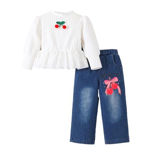 Hopscotch Girls White Full Sleeves 2-Pc Cherry Applique Jeans Set For Age (3-4 Years)