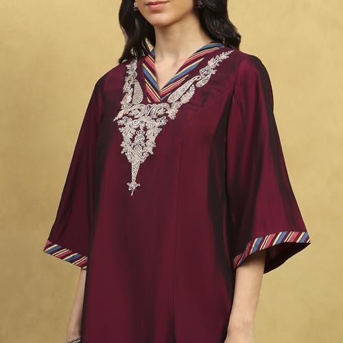 Rangriti Women Wine Polyester Blend Embroidered A-Line Kurta Set_32