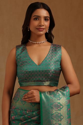 Soch Womens Teal GreenTussar Floral Woven Design Saree