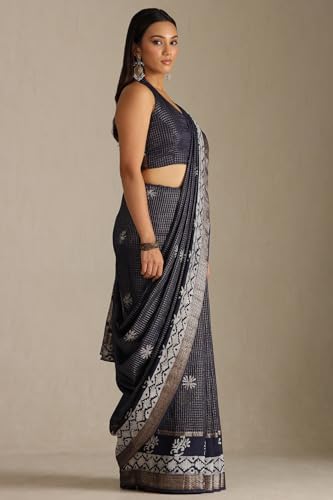 Soch Womens Navy Blue Art Silk Batik Print Saree With Zari