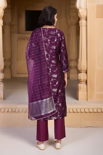 W for Woman Floral Printed Jacquard A-Line Kurta with Straight Pant and Dupatta Set - Purple (WS13245-314312-3XL)