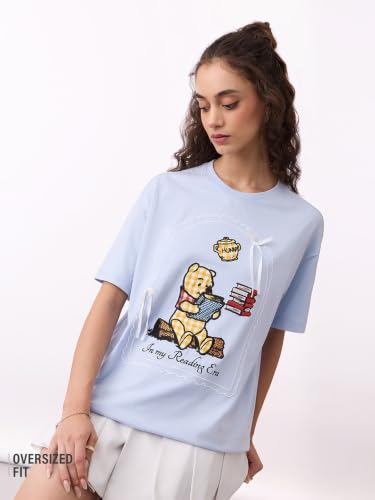 The Souled Store Winnie The Pooh: Reading Era Women and Girls Short Sleeves Round Neck Light Blue Embellished Cotton Oversized Breathable Comfortable Summer T-Shirts