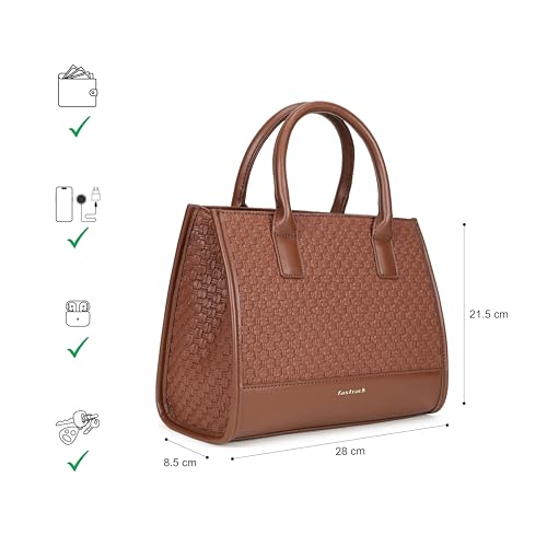 Fastrack Lattice Brown Satchel Bag | Faux Leather Woven Design | Three Compartment Satchel with Center Zipper Pocket & Organizer Pockets | Dual Carry Handles & Adjustable Strap
