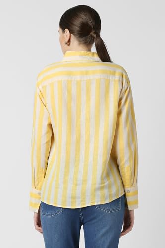 Women Yellow Stripe Long Sleeves Casual Shirt