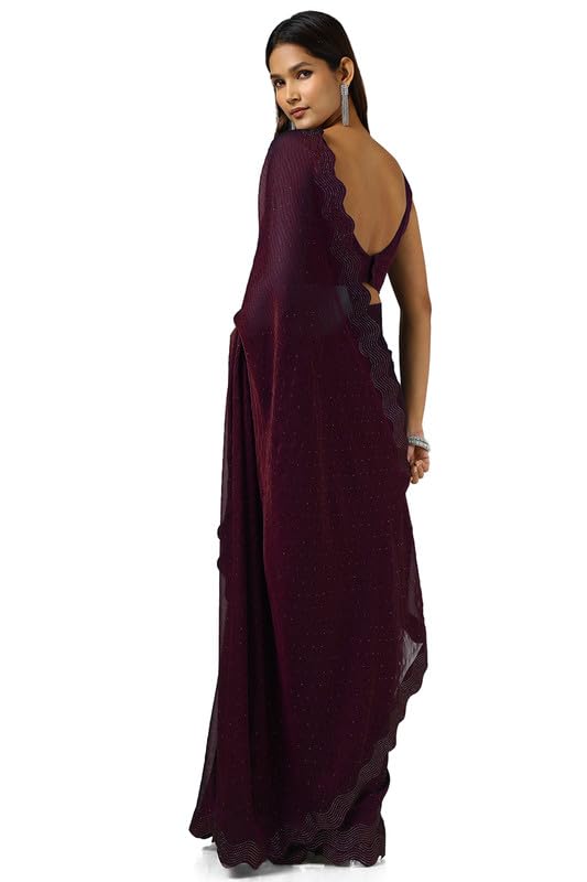 Soch Womens Wine Chiffon Self Print Saree With Stone Work