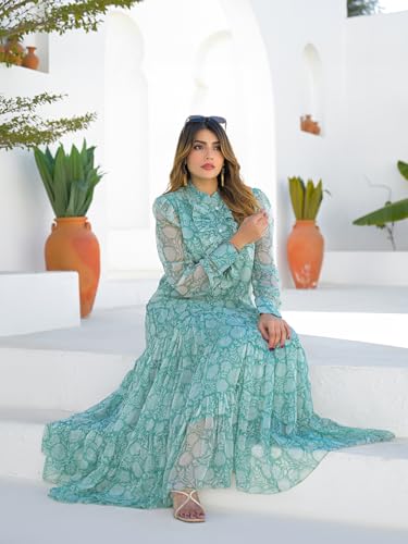 Divena Green Georgette Full Sleeves Maxi Dress