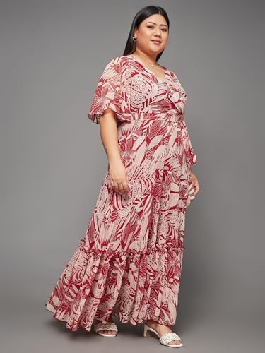 Miss Chase A+ Women's V-Neck Flared Sleeve Floral Wrap Chiffon Maxi Dress with Pockets (APAW21D06-14-224-06, Multicolored-Base-Maroon, XL)