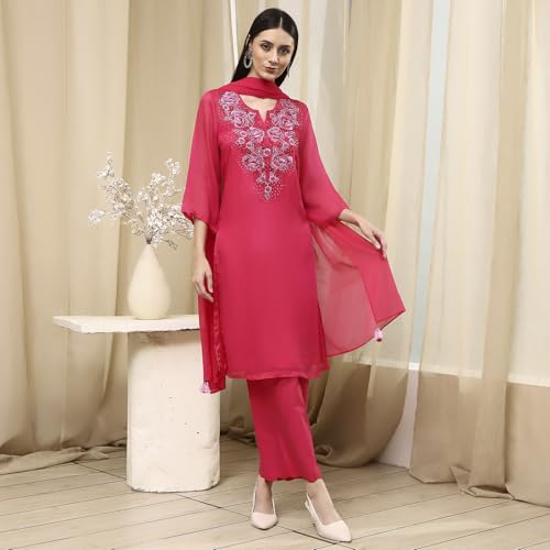 BIBA Women Fuchsia Embroidered Straight Suit Set_36