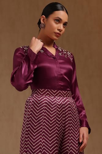 Soch Womens Wine Satin Solid Co-Ord Set With Beads
