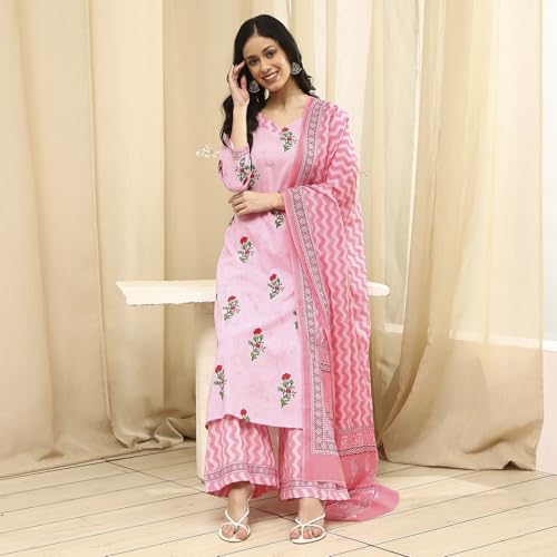 BIBA Women Pink Cotton Screen Print Unstitched Suit Set_FREE SIZE