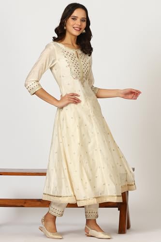 W for Woman Off-White Dori Embroidered Flared Kurta, Pants and Jacquard Dupatta (Size: XL)-24AUSP11773-400717