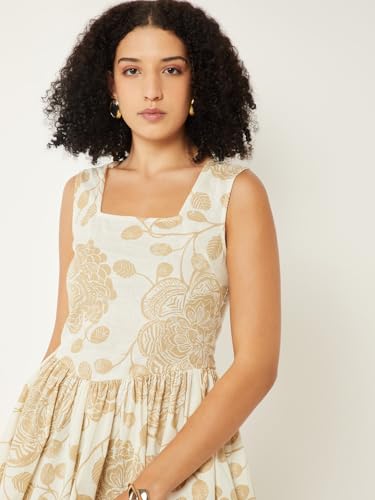 Max Women Printed Fit & Flare Midi Dress (Beige_XL)