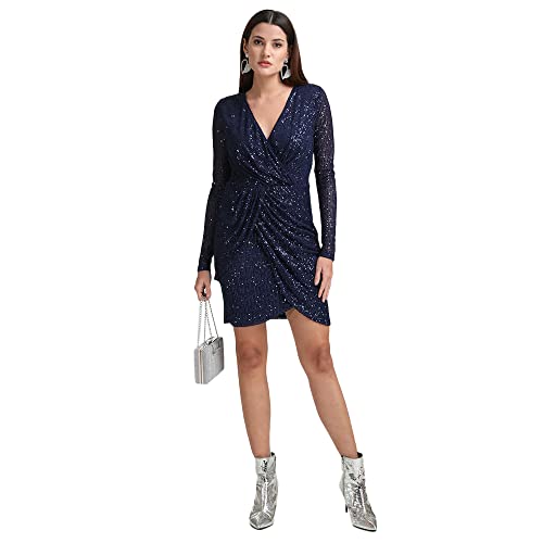 Kazo Abstract Cotton Blend V Neck Women's Maxi Dress (Navy Blue, Small)