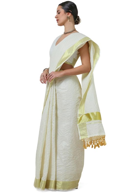 Soch Womens Cream Cotton Blend Woven Design Kasavu Saree With Tassels