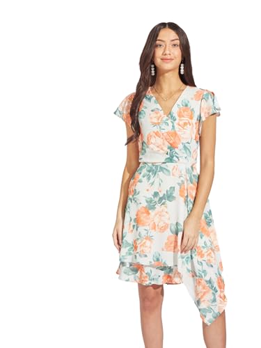 Latin Quarters Women Orange Printed A-Line Mini Dress | V-Neck | Half Sleeves | Zip Closure | 100% Polyester | Casual Wear