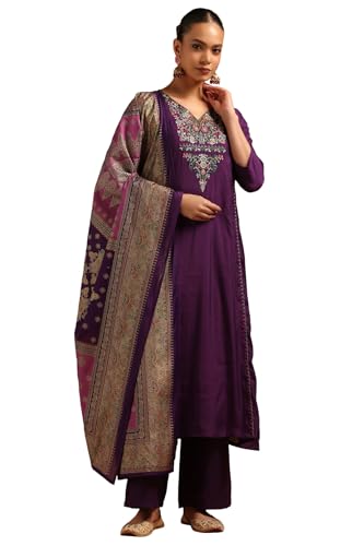 Soch Womens Purple Muslin Embroidered Salwar Suit With Sequins